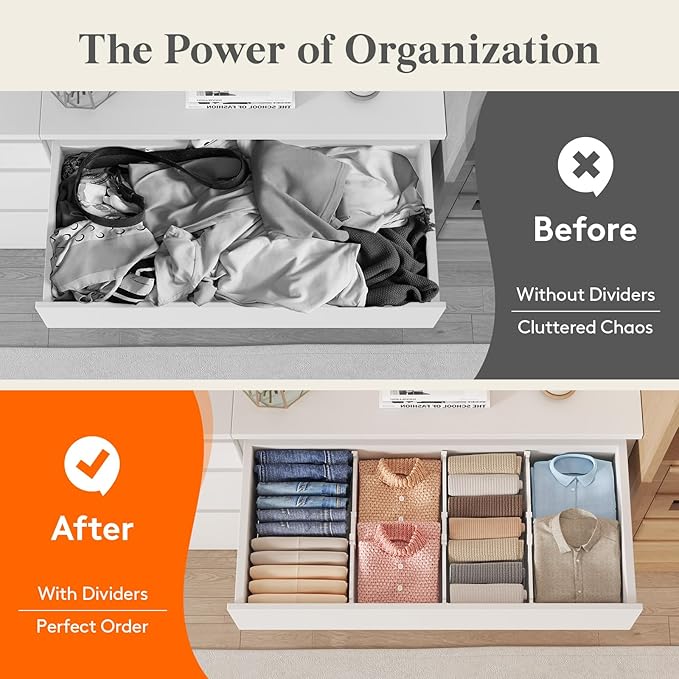 Lifewit 4 Pack 5" High Drawer Dividers for Clothes, 11.5"-18.5" Expandable Dresser Drawer Organizers, Adjustable White Plastic Separators for Kitchen, Cabinet, Nursery, Socks & Underwear Storage