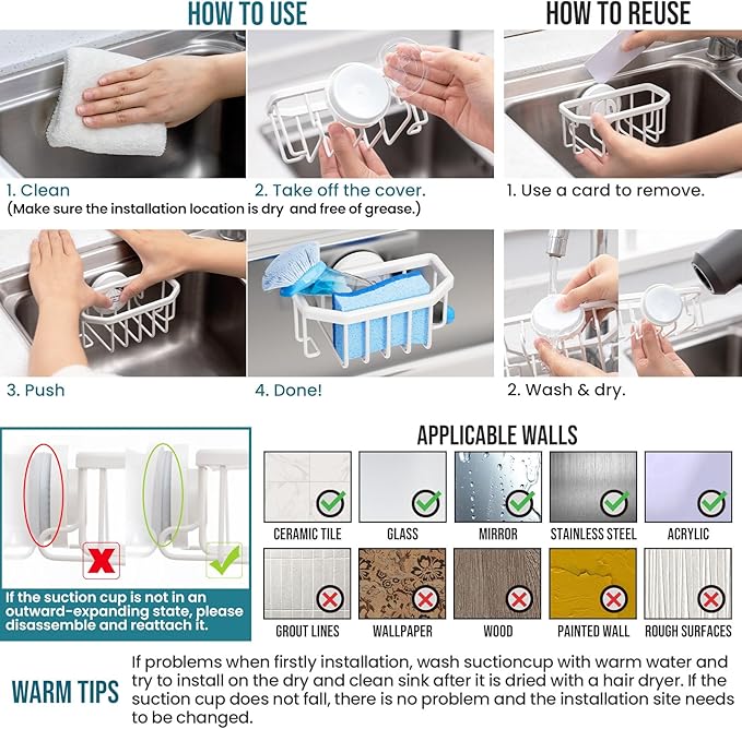 TAILI Sink Caddy with Strong Suction Cup, Sponge Holder for Kitchen Sink Organizer, Removable Sponge Caddy Inside Sink, Rustproof Aluminum Holder for Sponges, Brushes - White