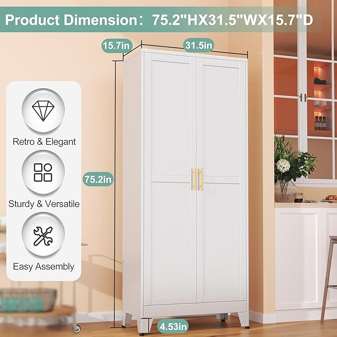 Metal Pantry Cabinet with 2 Doors and 5 Adjustable Shelves, 75"Kitchen Storage cabinets with Gold Handles, Versatile Storage for Laundry Room, Living Room, Bathroom, Dinning Room, Utility Room-White
