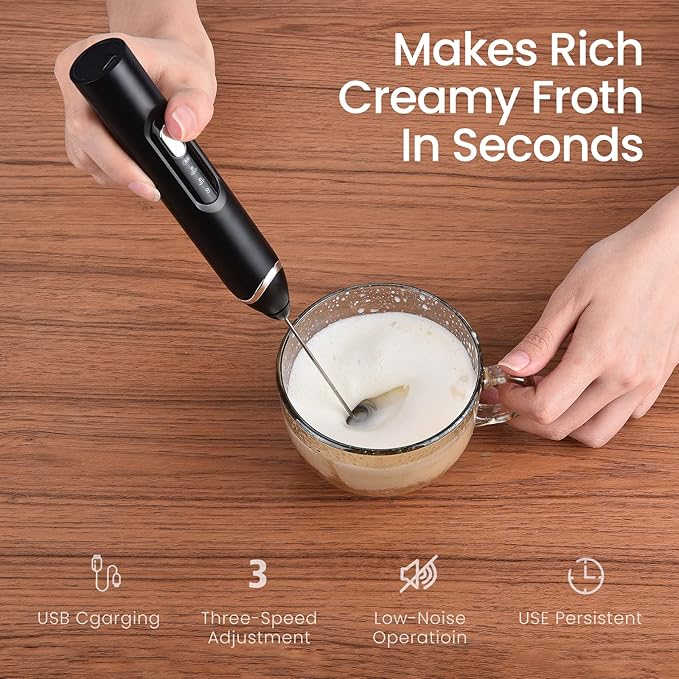 Handheld Milk Frother with Travel Case - Portable USB Rechargeable Mini Whisk for Coffee, Latte. Includes 3 whisks, storage, perfect for frothing milk, beating eggs, and blending drinks.