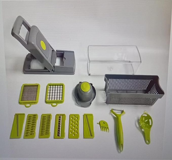 Vegetable Chopper and Slicer Set, 14 Pieces, Multi-Function Kitchen Mandoline with Interchangeable Blades, 13.2 x 4.9 x 3.9 inches, Gray/Green