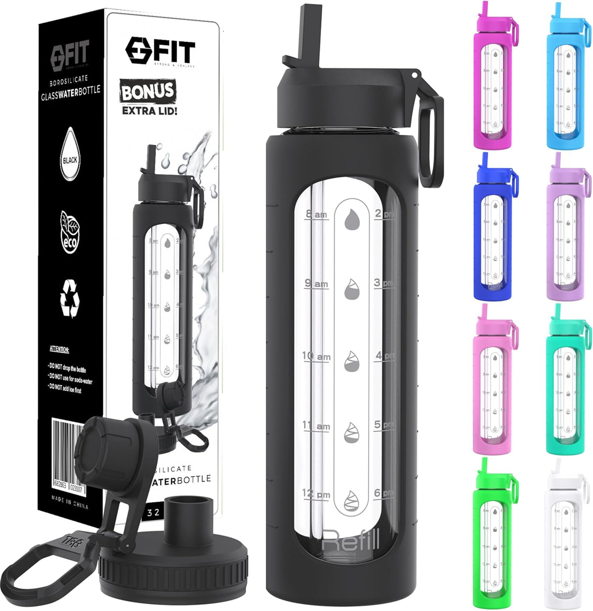 32 oz Glass Water Bottle with Straw Lid - Wide Mouth Borosilicate Glass Water Bottles with Time Marker, Silicone Sleeve & Extra Lid - 1L Large Motivational Drinking Bottle