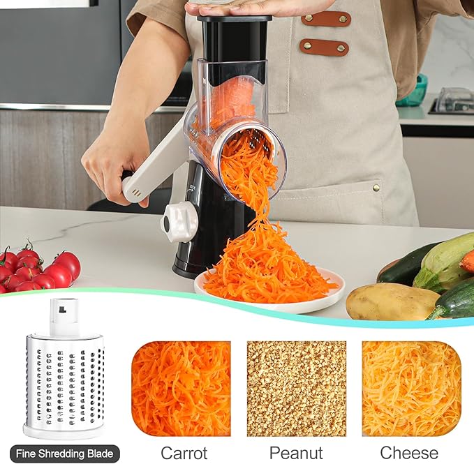 Ourokhome Rotary Cheese Grater Hand Crank, Kitchen Shredder Speed Mandolin Slicer Nuts Grinder with Handle and Drum Blades for Cheese, Vegetable, Walnut, Chocolate, Potato, Carrot, 3 Blades, Black