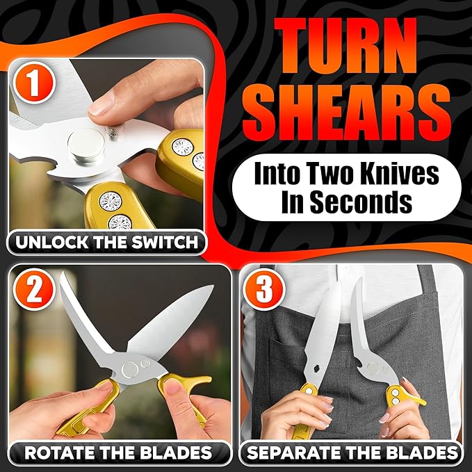 Heavy Duty Poultry Shears – Kitchen Shears Dishwasher Safe, Spring-Loaded, 3Cr14 Steel, Micro-Serrated, Separates for Easy Cleaning | Bone Scissors for Chicken, Turkey, Seafood & Fish Scale (Gold)