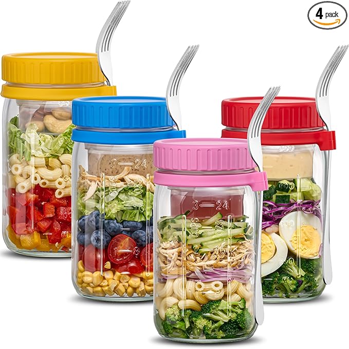 Danmu 32 oz Salad Jars with 2 Dressing Cups & Forks - Glass Mason Jar Meal Prep Containers,Wide Mouth,Leak Proof,Dishwasher Safe - Dry Wet Food Separation for Fresh Salad,Leftovers 4 Pack