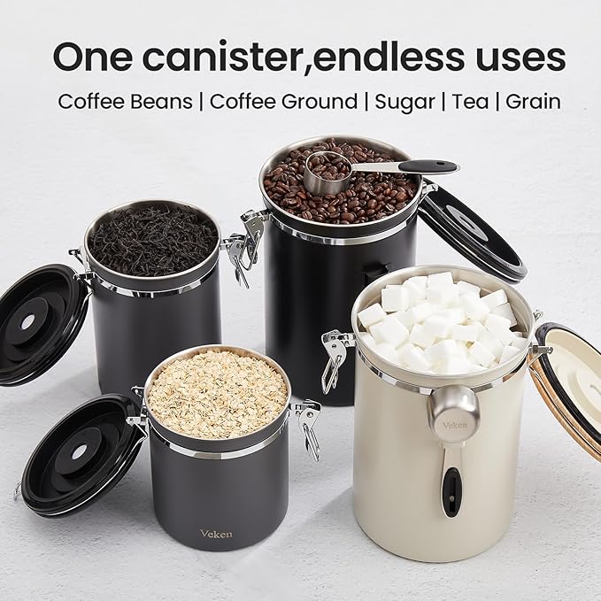 Veken Coffee Canister, 39OZ Large, Airtight Stainless Steel Food Storage Container for 2.2lbs Coffee Beans, Ground, Sugar,Espresso,Rice,Tea,Flour,Cereal, Kitchen Bar Accessories, Lids, Jars,Gifts,Gray