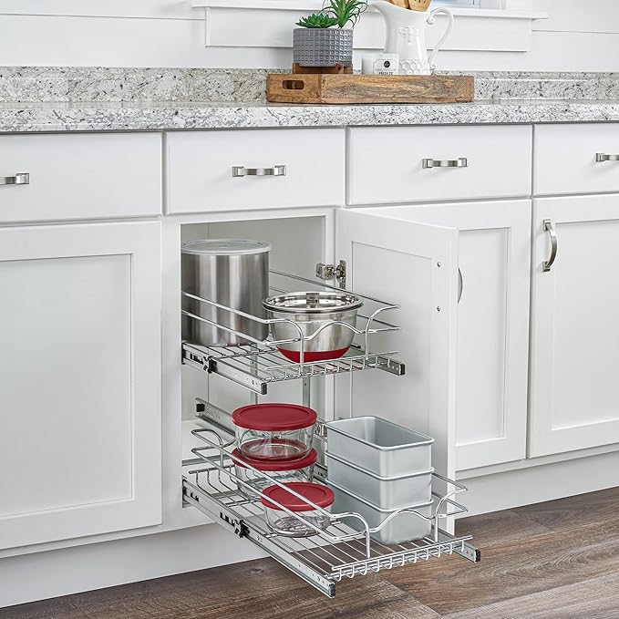 Rev-A-Shelf 2-Tier Pullout Shelf and Drawer Organizer for Kitchen Cabinets, Slide Out Storage Basket, Min Opening Width of 8.5", 9" x 22", 5WB2-0922CR-1