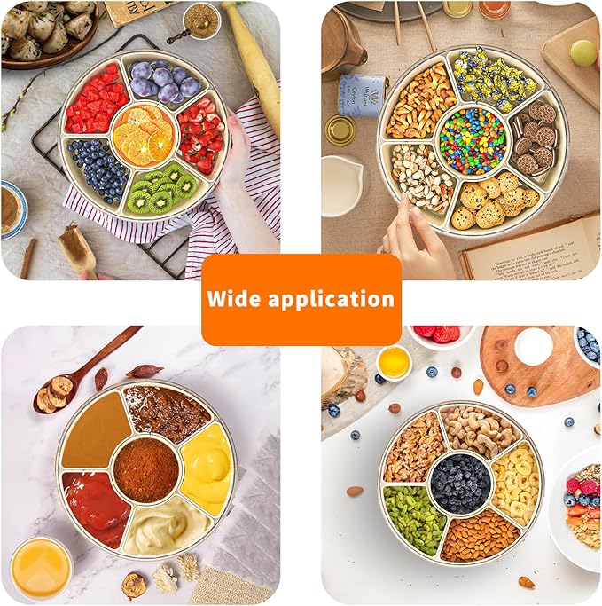 Small Divided Serving Tray with Lid and Handle, Stackable Snackle Box Container for Fruits Candy Organizer, Portable Spinning Rounded Veggie Tray for Kitchen, Party, Trave and Picnic-2 Pack