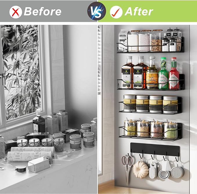Magnetic Spice Rack for Refrigerator, 5 Pack Metal Strong Magnet Spice Organizer Shelves with Hook Rack, Space Saving Magnetic Fridge Shelf for Home Kitchen Organization and Storage (Black)