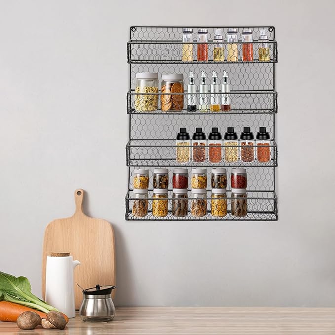 4-Tier Spice Rack Wall Mounted Kitchen Spices Organizer Space Saving Modern Hanging Organize Shelf for Spices, Herbs, and Condiments, Black