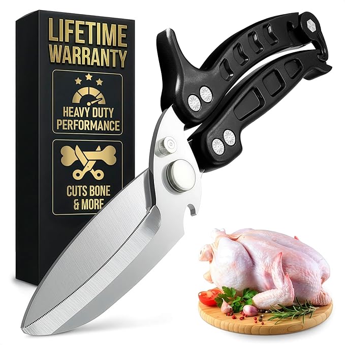 Heavy Duty Poultry Shears – Kitchen Shears Dishwasher Safe, Spring-Loaded, 3Cr14 Steel, Micro-Serrated, Separates for Easy Cleaning | Bone Scissors for Chicken, Turkey, Seafood & Fish Scale (Black)