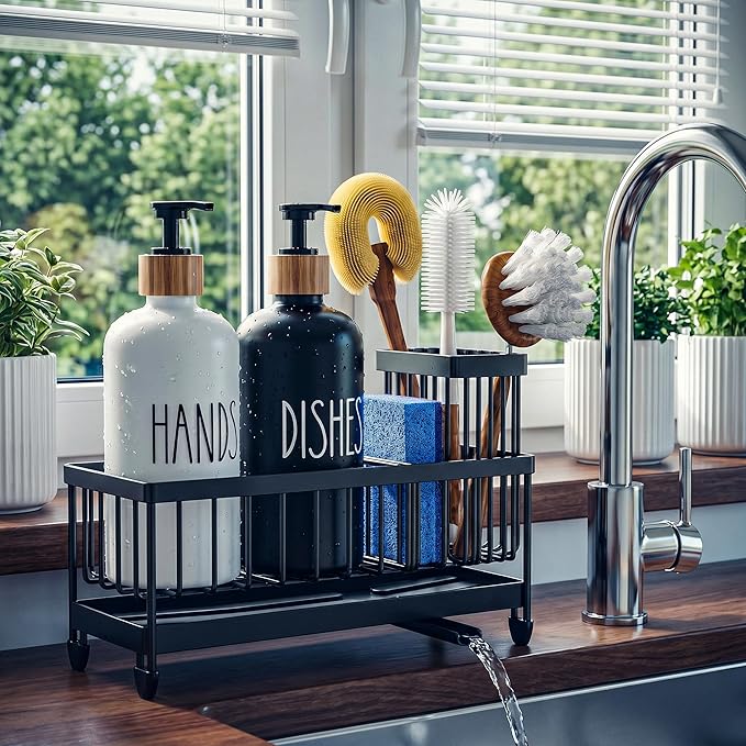 Cisily Kitchen Soap Dispenser Set with Sink Caddy, Glass Bottle, Hand and Dish Soap Dispenser Set with Sponge Holder (Black & White Round Bottles + Black Sponge Holder)