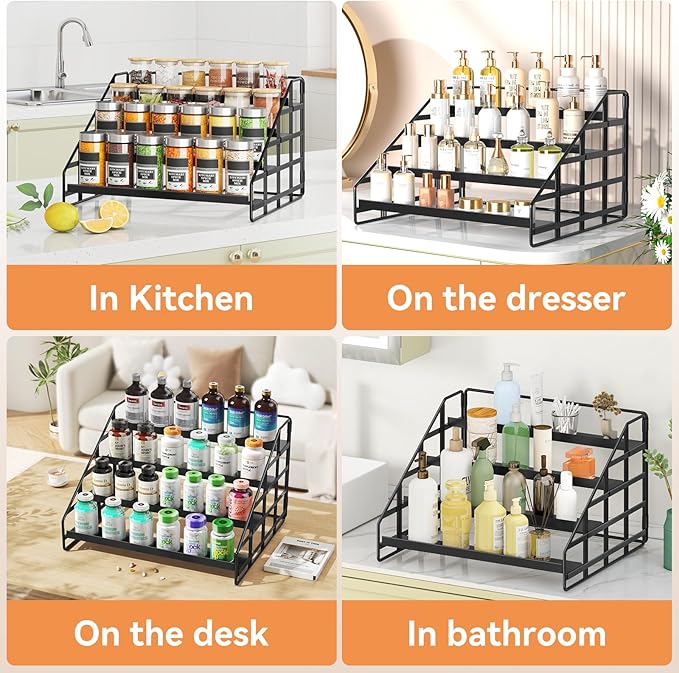 Bunoxea Spice Rack 4 Tier Kitchen Cabinet Organizer,Countertop Spice Rack,Tier Depth Adjustable Cabinet Shelf,Step Spice Organization Easy Visibility,Holds Seasoning and Condiments 2Pack