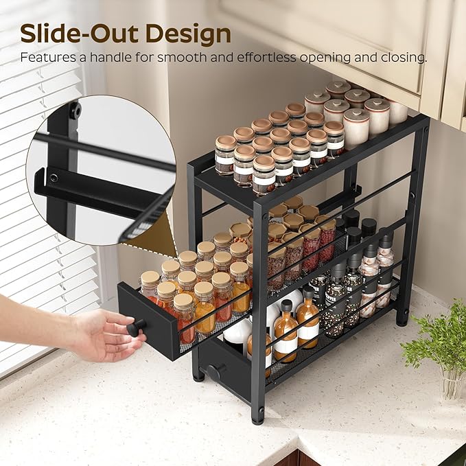 YATINEY Spice Rack, 3-Tier Pull Out Spice Rack Organizer for Countertop, Narrow Kitchen Countertop Storage Shelf with 2 Drawers, for Kitchen, Cafe, Black SR02BB