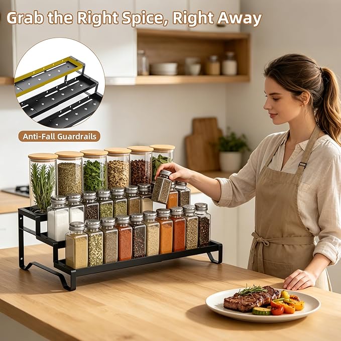 SANKEU Expandable Spice Rack Organizer for Cabinet 3 Tiered Metal Seasoning Organization with Guardrails Spice Shelf Storage for Jars Adjustable Length 13"-21" Black 2Pack