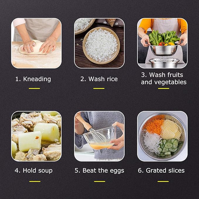 Multifunctional Stainless Steel Basin with Grater, Mixing Bowls, Vegetable Cutter, Slicer, Strainer, Drain Basket, Salad Maker Bowl, Colanders for Kitchen Use