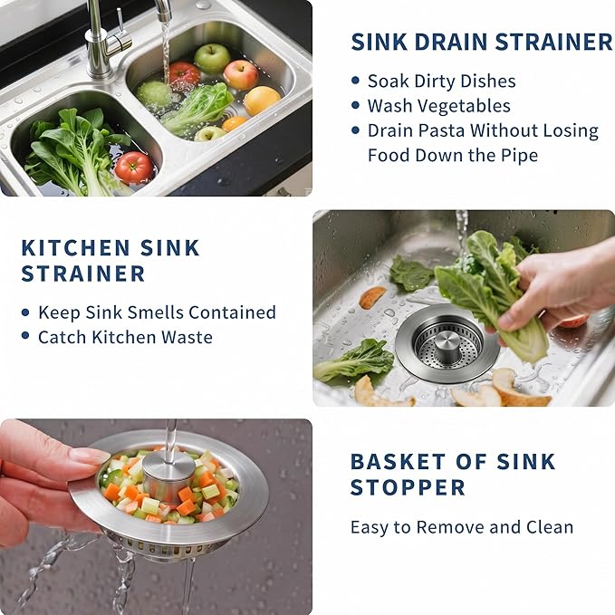3 in 1 Kitchen Sink Drain Strainer & Pop Up Sink Stopper 2 Pack, Sink Strainer Anti-Clogging Kitchen Sink Basket, Odor-Free Water Catcher, Universal 3-1/2" Fit for US Standard Kitchens