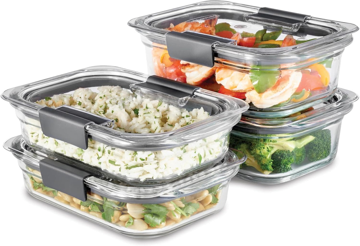 Brilliance Glass Food Storage set of 4 containers 8 total pieces (4 containers + 4 lids) for Lunch Meal Prep and Leftovers Dishwasher and Oven Safe Clear/Grey