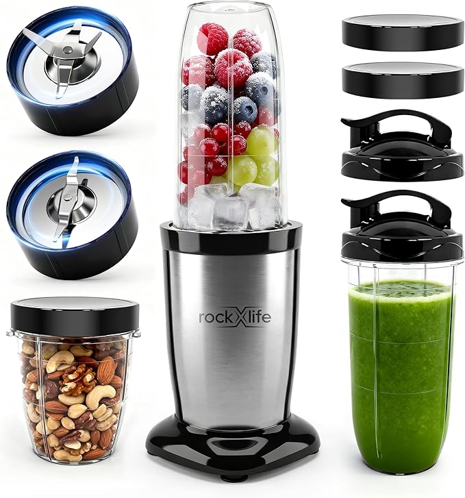 Personal Blender for Smoothies and Shakes, 2-in-1 Bullet Grinder with 24oz To-Go & 10oz Cup Portable Ice Crushing Mini, BPA-Free & Dishwasher Safe, Protein Shake Maker, Silver