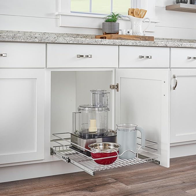 Rev-A-Shelf Steel Wire Pullout Drawer Organizer Shelf for Kitchen Cabinets, Slide Out Storage Basket, Min Opening Width of 17.5", 18" x 20", 5WB1-1820CR-1