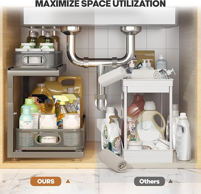 2-Pack 18.5 IN Depth Under Sink Organizer With Next-Gen Ball-Bearing Slides,Sophisticated Mesh 2-Tier Pull Out Shelf for Kitchen & Bathroom,Fits Small Items-Gun Gray