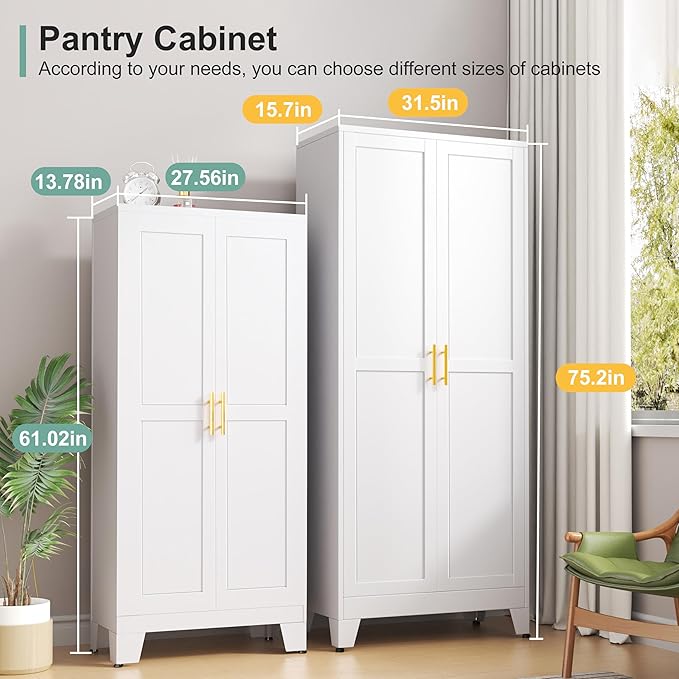 Metal Pantry Cabinet with 2 Doors and 5 Adjustable Shelves, 75"Kitchen Storage cabinets with Gold Handles, Versatile Storage for Laundry Room, Living Room, Bathroom, Dinning Room, Utility Room-White