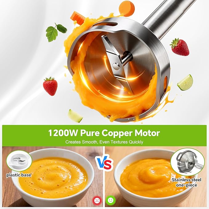 1200W Immersion Blender Handheld, 5-in-1 Variable Speed Emulsifier Hand Blender Stick with Whisk Chopper Milk Frother Mixing Cup and Storage Rack for Kitchen Soup, Purees, Baby Food and Smoothies