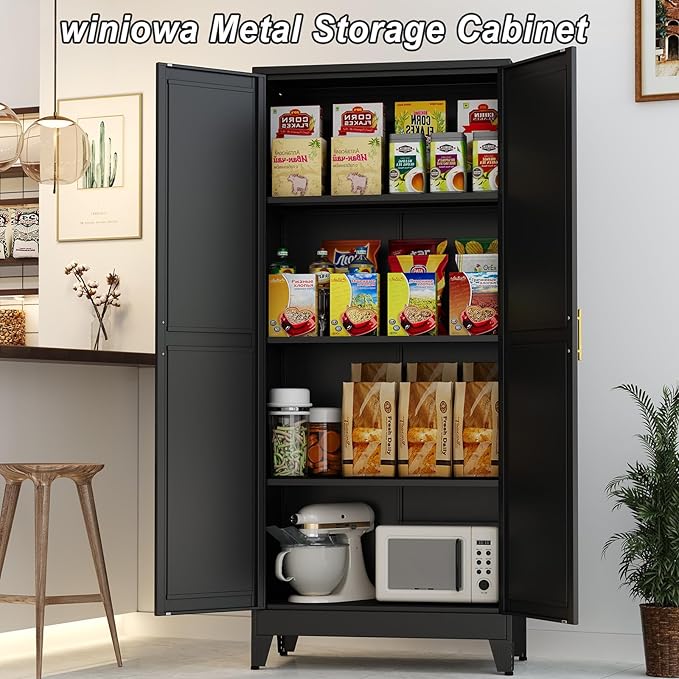 Winiowa Metal Pantry Cabinet with 2 Doors and Adjustable Shelves, 61"Kitchen Storage Cabinet with Gold Handles, Versatile Storage for Laundry, Living, Bathroom, Dining, Utility Room - Black