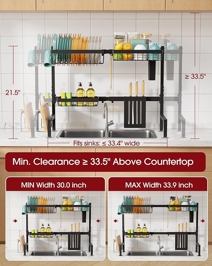 Sakugi Over The Sink Dish Drying Rack - Adjustable 2 Tier Large Capacity Stainless Steel Drainer with Cutlery & Utensil Holders