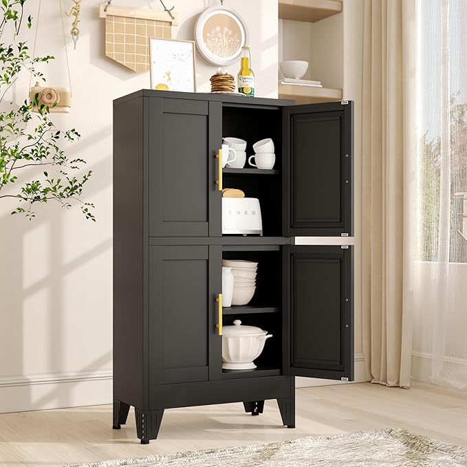 winiowa 47" Tall Kitchen Pantry Cabinet, Metal Storage Cabinet with Doors and Adjustable Shelves, Black Freestanding Pantry Cabinet for Kitchen, Dining Room, Living Room, Laundry Room, Bathroom