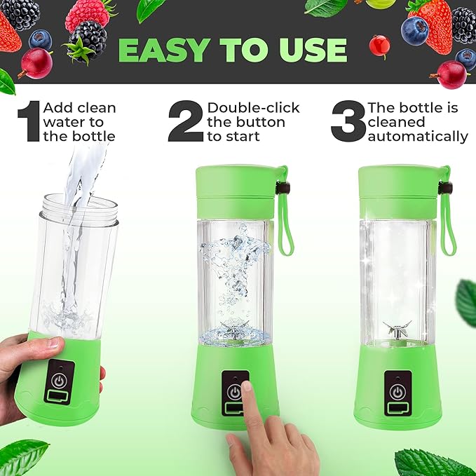 Portable Blender - Compact and USB Rechargeable Personal Travel Blenders for Smoothies, Shakes and Ice - Mini Fruit Juice Mixing Shaker Bottle - 380ml, Green