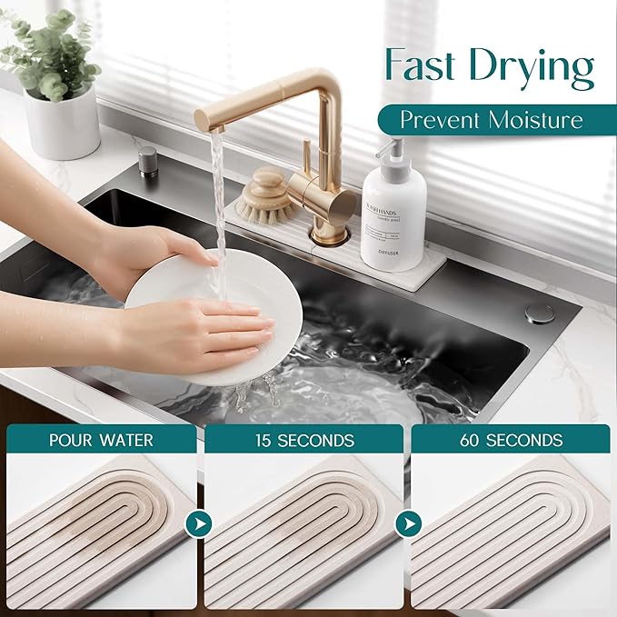 eormoe Diatomite Kitchen Faucet Mat - 14Inch Water Absorbing Stone Tray for Sink, Stone Fast-Drying Faucet Mat for Kitchen Counter Sink Accessories (Light Grey, 14'' x 3.9'')