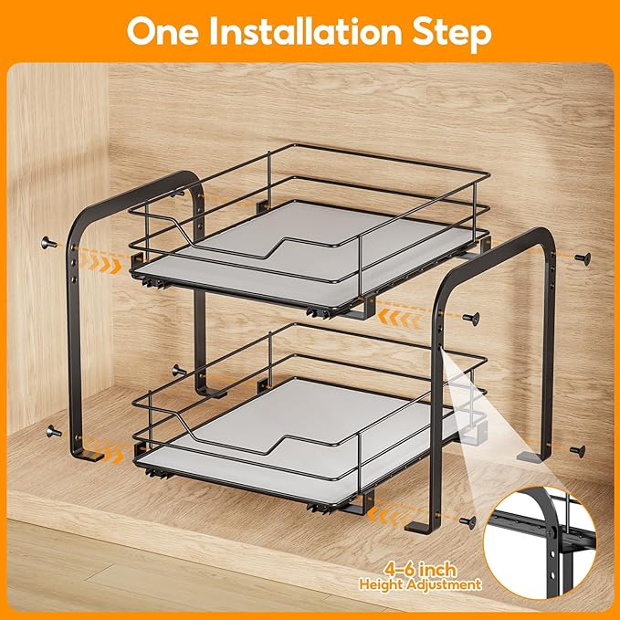 Pull Out Spice Organization for Cabinets, 2 Tier Pull Out Spice Rack, Slide Out Spice Rack Organizer for Cabinet, Spice Rack for Inside Cabinets, with Labels, 9" W×10.5" D×9" H, Black