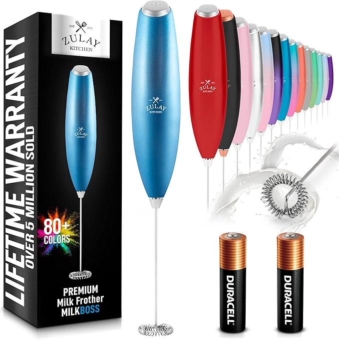Zulay Kitchen Milk Frother Handheld Electric Whisk with AA Duracell Batteries – Durable Drink Mixer for Coffee, Lattes, Cappuccinos & More - Metallic Blue