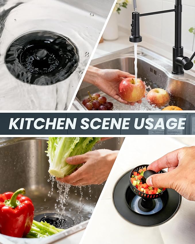 ARCORA Kitchen Sink Drain Strainer: Stainless Steel 3 in 1 Sink Stopper with Anti-Clogging Basket, Kitchen Strainer with Brass Bounce Core for Standard 3-1/2 Inch Drain, Matte Black