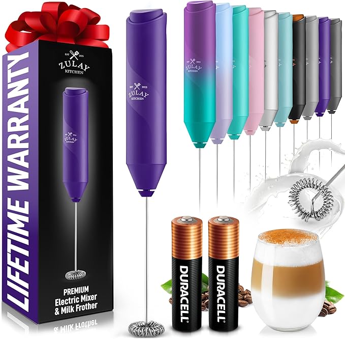 Zulay Kitchen Powerful Milk Frother AA Batteries Included – Ultra Fast Handheld Drink Mixer with Stainless Steel Whisk Stirrer for Coffee, Protein, Matcha & More, Frother Wand Electric Frothmate
