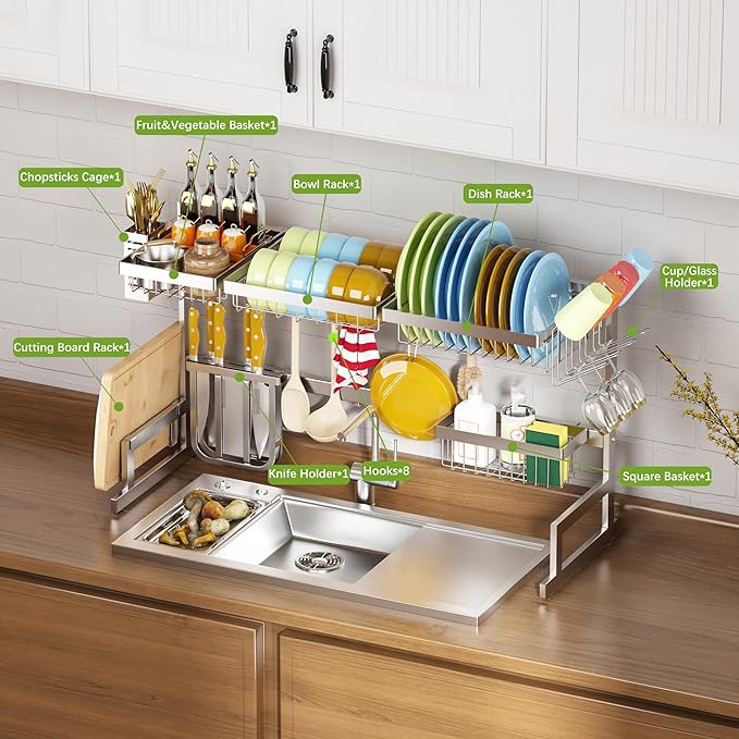 PUSDON Over Sink Dish Drying Rack Stainless Steel, Adjustable Large Dish Drainer for Storage Kitchen Organization Silver 2 Tier - Standard(26"-38")