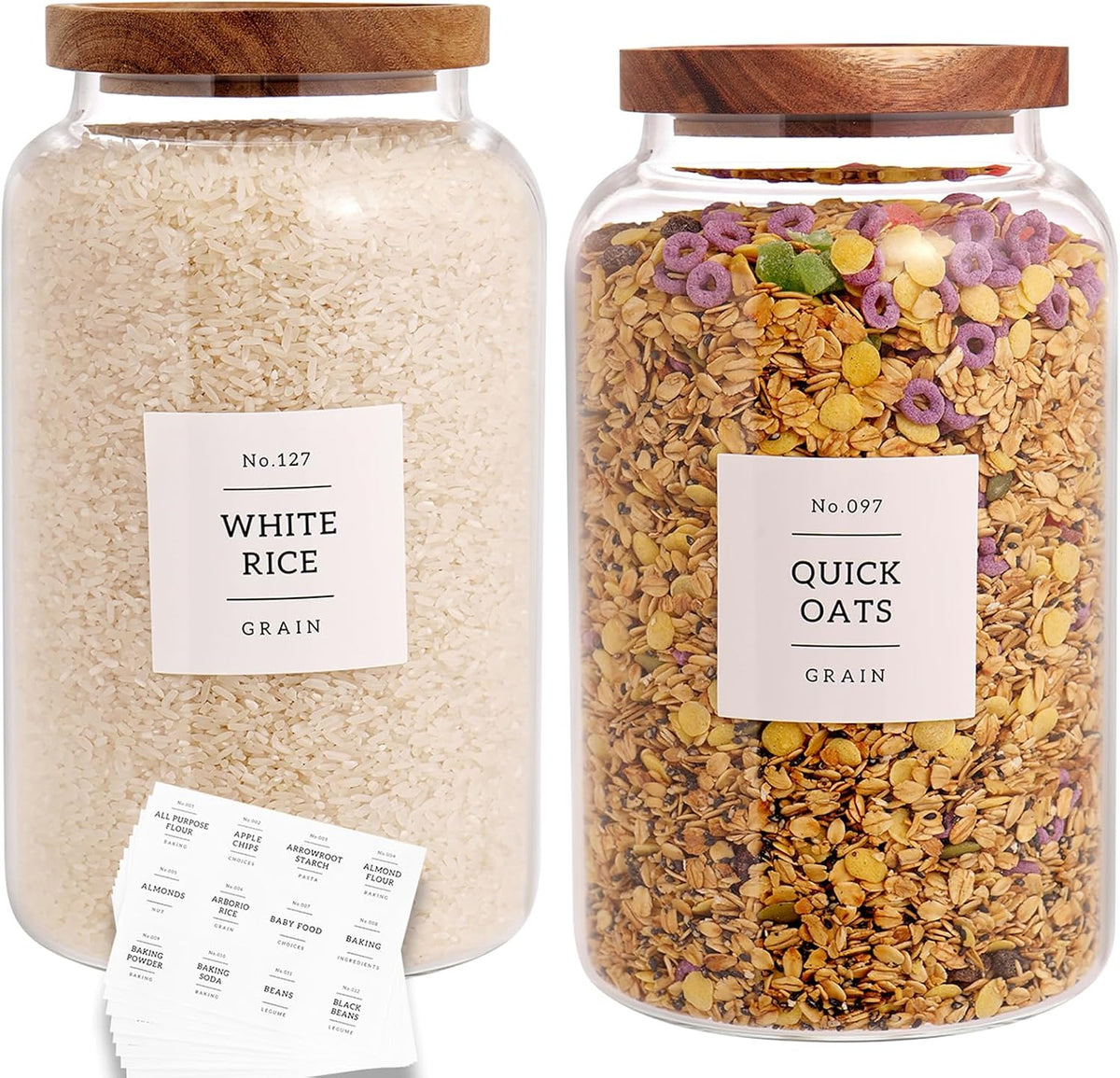 Set of 2 Large Glass Jar with Airtight Acacia Lid and 132 Kitchen Pantry Labels, Clear Glass Food Storage Jars Containers for Rice Flour Pasta Sugar Coffee Cookie and More(98 Fl Oz/2800 Ml)