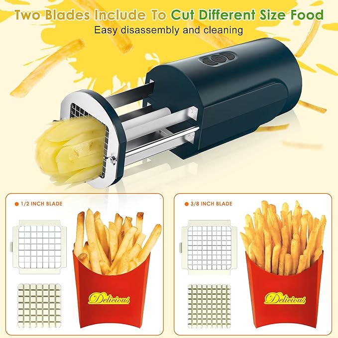 SIXRARI Electric French Fry Cutter, Automatic Potato Cutter Stainless Steel with 1/2 & 3/8 Inch Blade, Commercial and Household Potato Slicer, Vegetable Cutter, Use for Carrot Apple