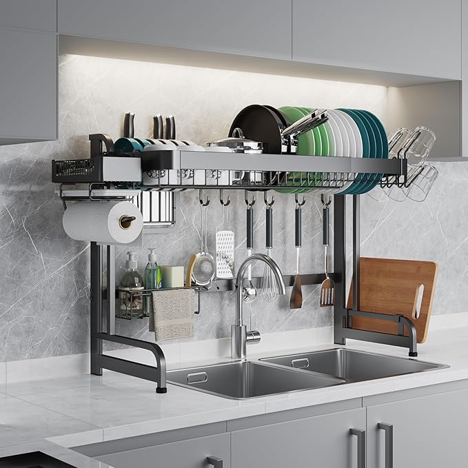 LIVOD Over Sink Dish Drainer Drying Rack, 2 Tier Full Stainless Steel Storage Adjustable Length Kitchen Rack, Multifunctional Expandable Counter Organizer, Space Saver Dish Rack