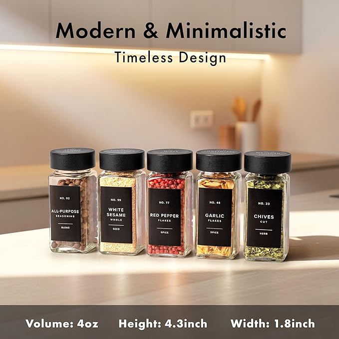 EDELHAUS® Square Spice Jars with Bamboo Wooden Lid (Pack of 24) Spice Jars with Shaker Insert and 240 Labels - Bamboo Lid Glass Container for Spice Organisation [4.3 in × 1.8 in]