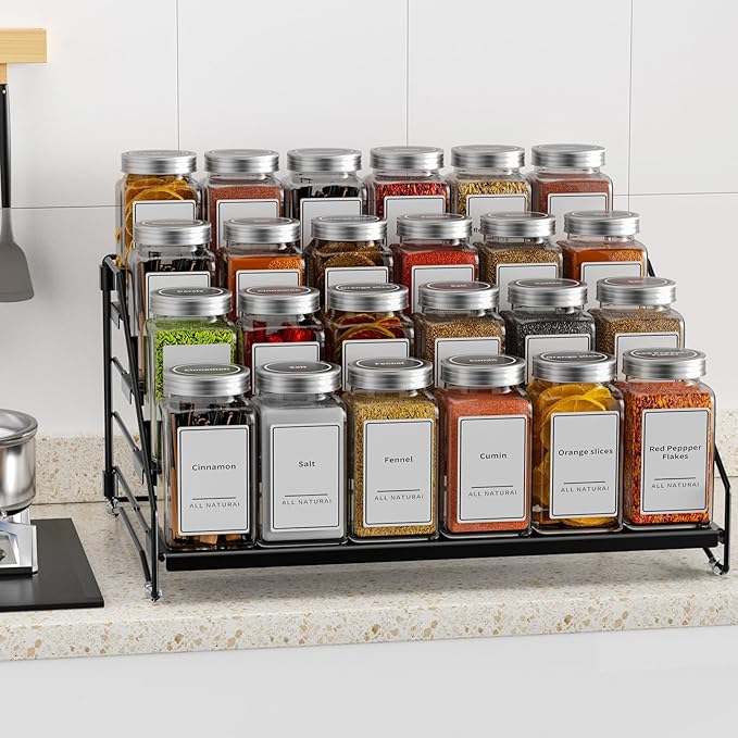 BOIVSHI 4 Tier Spice Rack for Cabinet, Spice Rack Organizer, Depth Adjustable Spice Holder for Countertop, Cupboard, Pantry, Seasoning Shelf, Metal, Black (1 Pack)