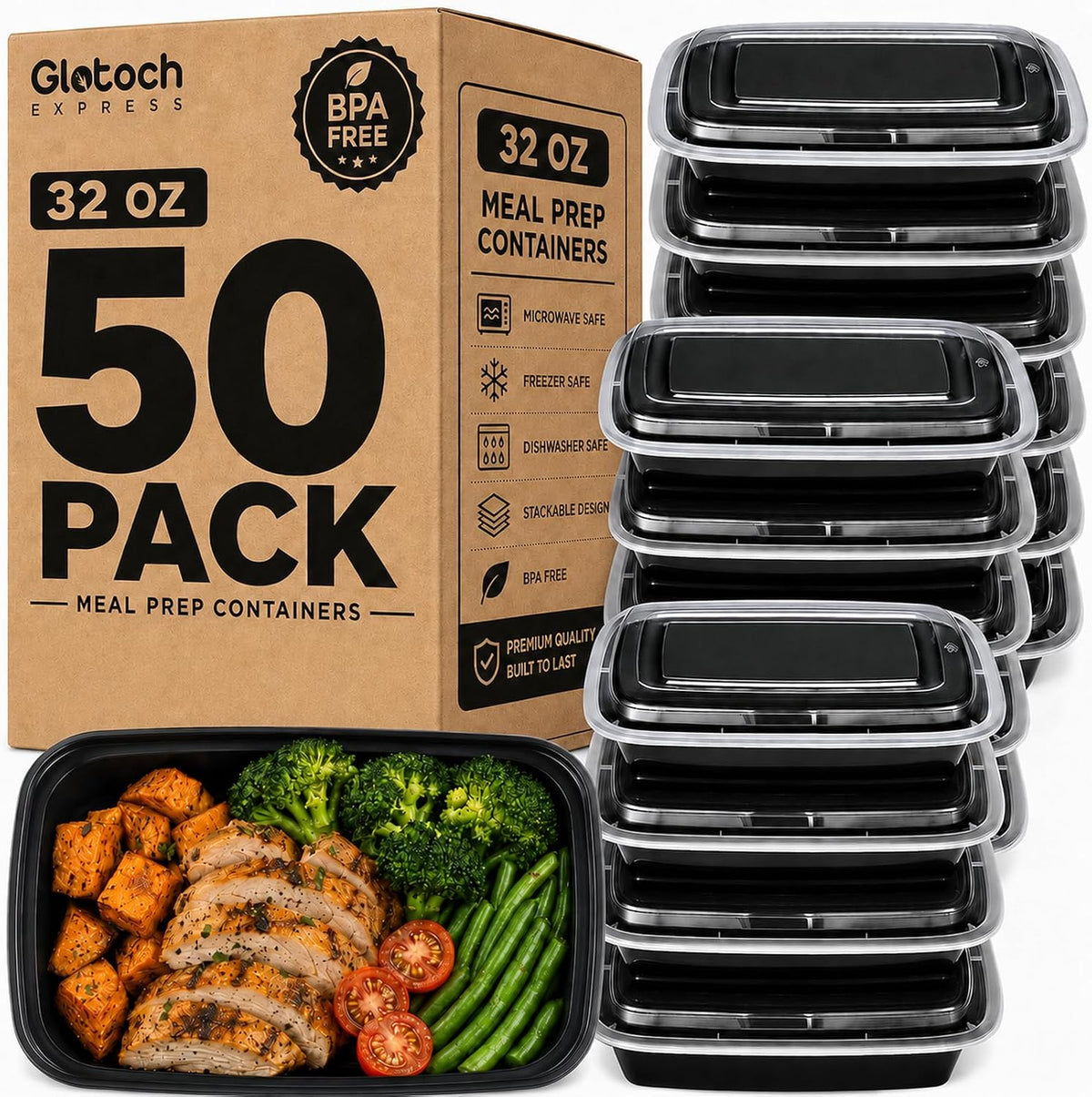 Glotoch Meal Prep Containers 32oz 50 Pack(100 Piece) with Lids, Plastic Food Storage Containers Reusable, Bento Boxes for Portion Control,Takeout, Lunch, Salad, Microwave/Freezer/Dishwasher safe