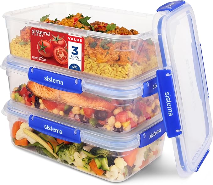 Sistema KLIP IT+ 2.2L Rectangle Food Storage Containers (3-Pack), Stackable & Airtight Food Boxes with Lids, Dishwasher, Freezer, & Microwave-Safe, BPA-Free, School Lunch Boxes