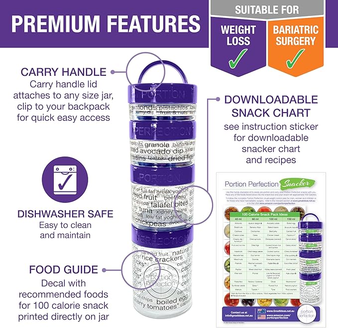 100 Cal Stackable Snack Containers for Weight Management, Food Portion Control Containers for Weight Control with Instructions for Men, Women and Bariatric Must-Haves (Purple)