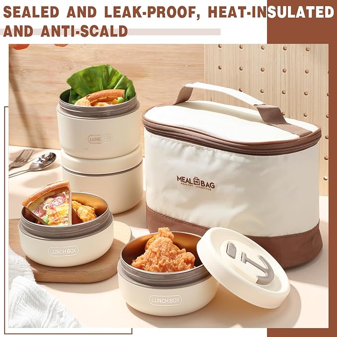 Dandat 4 Pcs Insulated Lunch Container, Portable Bento Box, Stainless Steel Lunch Box, Round Stackable Leakproof Thermal Food Container for Adult Men Women with Insulated Bag, 74 oz(Beige)