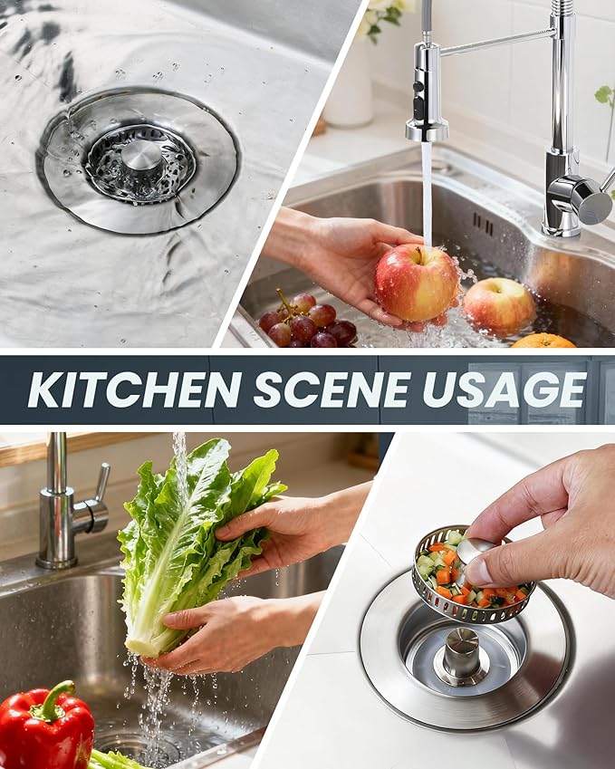 ARCORA Kitchen Sink Drain Strainer: Stainless Steel 3 in 1 Sink Stopper with Anti-Clogging Basket, Kitchen Strainer with Brass Bounce Core for Standard 3-1/2 Inch Drain, Brushed Nickel