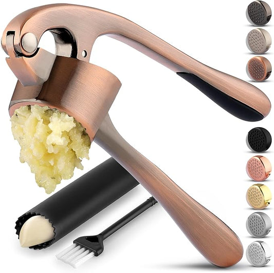 Zulay Kitchen Large Premium Garlic Press Set - Bigger Bowl for Bigger Garlic - Rust Proof Garlic Mincer Tool - Easy-Squeeze, Easy-Clean Silicone Garlic Peeler & Brush (Copper)