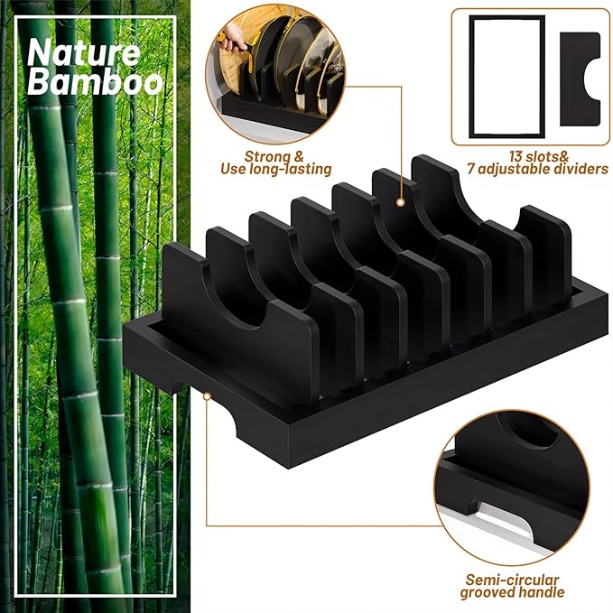Kiasthome Bamboo Pot and Pan Organizer, Pot Lid Organizer Holder Rack for Countertop Drawer, Kitchen Cabinet Organizer with 7 Adjustable Dividers for Pots, Pans, Baking Sheets, Cutting Boards, Black