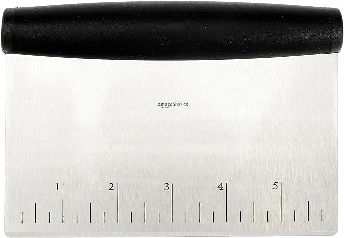 Amazon Basics Multi-Purpose Bench Scraper, Stainless Steel Dough Cutter with Measurement Marks, Dishwasher Safe, Non-slip Contoured Grip, 6", Black, Silver